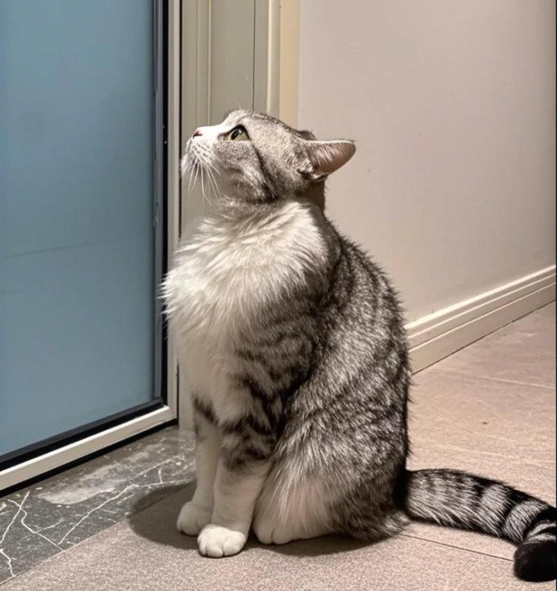 With a worried look, the cat keeps vigil outside the bathroom door